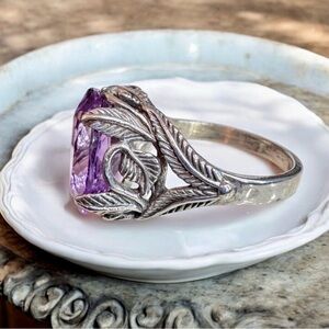 Vintage amethyst with 925  filigree grape leaf band ring size 8